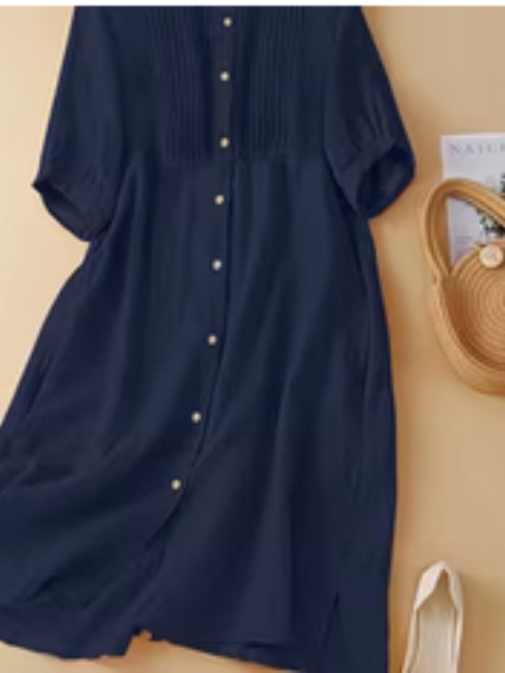 Navy Blue Pleated Shirt Dress